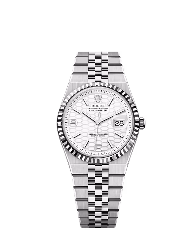 Rolex Land-Dweller 36 M127234-0001 White Rolesor Fluted Bezel Silver Dial Roman Numerals Jubilee Bracelet